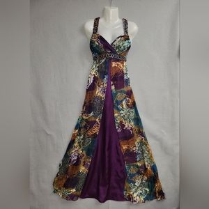 Cachet Plum Multicolored Prom Dress Satin Maxi Rhinestone Deep V Homecoming sz 6